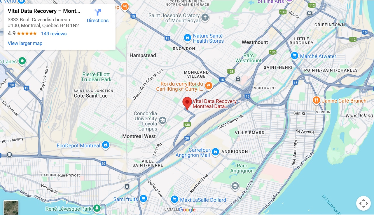 Map for Laval clients: directions to Vital Data Recovery laboratory in Montreal